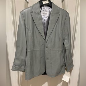 NWT PAMELA MCCOY LAMBSKIN LEATHER BLAZER IN DARK DOVE GREY, Sz M 8-10